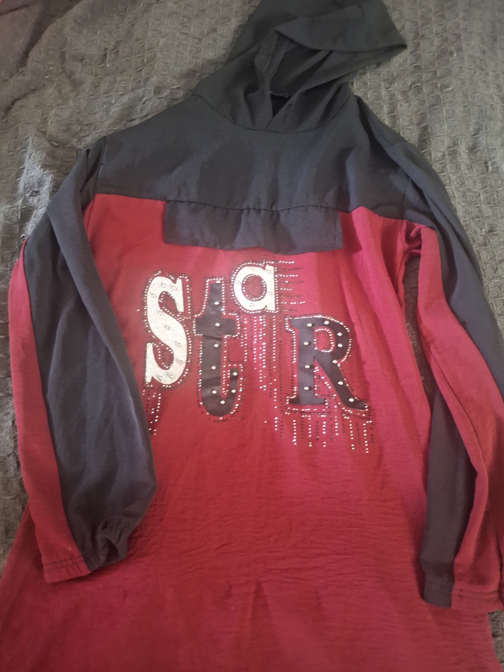 Womens Two-Tone Hooded Sweatshirt with Studded 'STAR' Graphic - Red & Charcoal